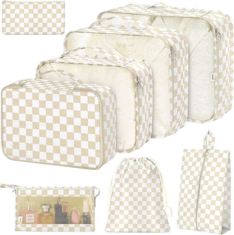Hatisan 8 Set Packing Cubes for Suitcases,Packing Cube with Shoe, Cosmetics, Clothing, and Accessories Bags Packing Cubes for Travel Luggage Organizer Women Men(Khaki Checkered) - Image 1